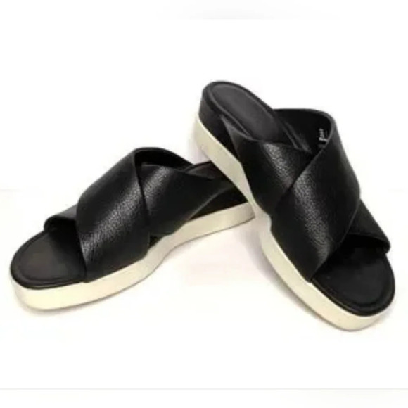 Ecco Touch Plateau Black Leather Platform Slide Cross Strap Sandals 7 - Picture 1 of 9